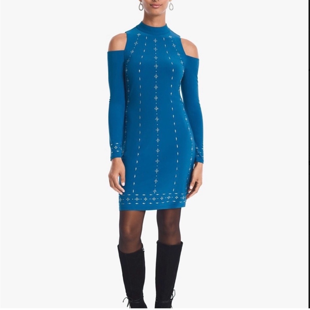 White House Black Market Teal Cold Shoulder Sheath Embellished Dress - L